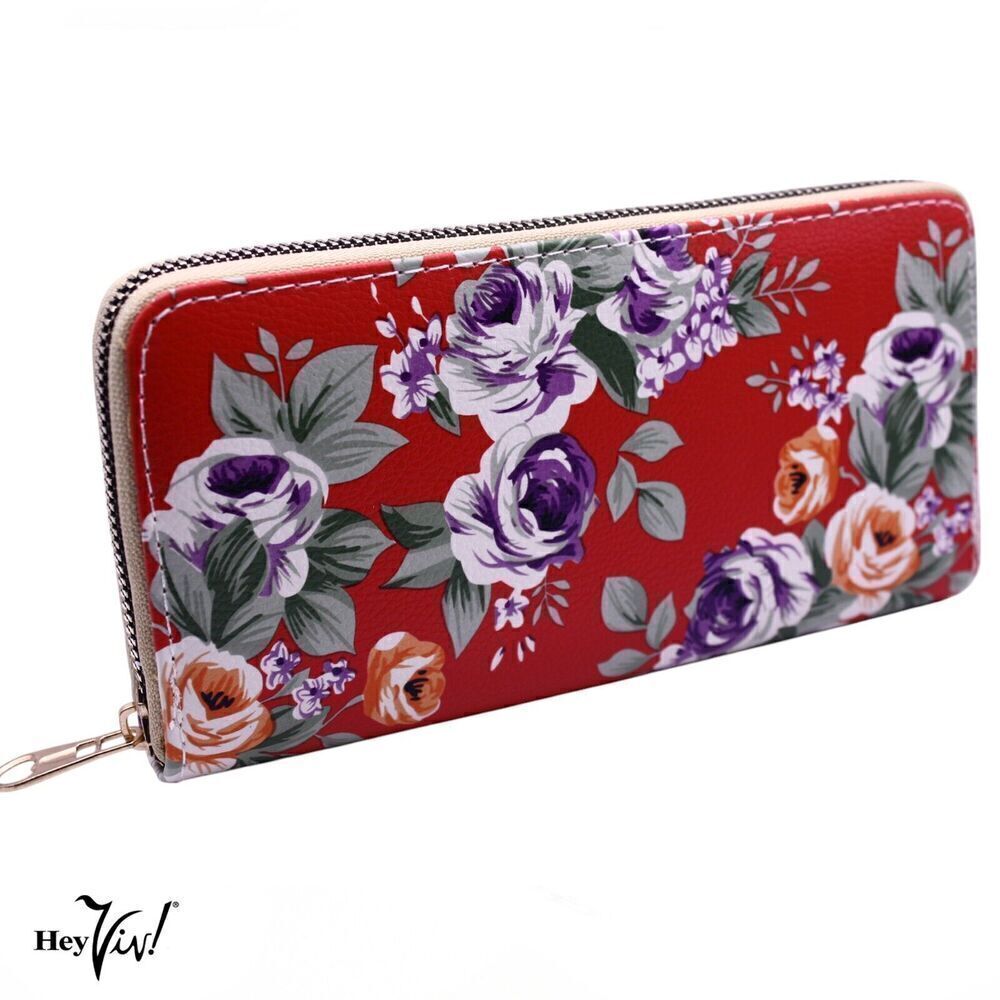 Red Rose Floral Print Zip Wallet Clutch Easy to Hold and Carry 8 x4" - Hey Viv - Picture 2 of 7